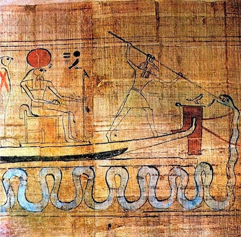 Papiro antiguo con una figura falconiforme sentada y otra figura con cabeza animal de pie con lanza que ataca una serpiente en un bote