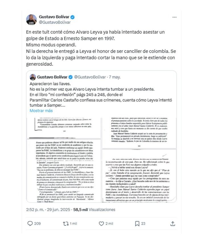 Con esta publicación en X, el exdirector del DPS Gustavo Bolívar denunció el accionar del excanciller Álvaro Leyva - crédito @GustavoBolívar