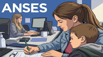 Ilustración de una mujer que escribe en un papel junto a un niño frente a un escritorio de oficina con computadoras y el texto ANSES.