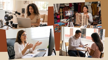 Composición de cuatro escenas: una creadora de contenido en laptop, una vendedora peruana mostrando textiles por video, una profesora virtual con headset y un asesor interactuando con cliente.
