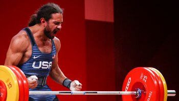 Tokyo 2020 Olympics - Weightlifting - Men's 81kg - Group A - Tokyo International Forum, Tokyo, Japan - July 31, 2021. Harrison Maurus of the United States celebrates after a lift. REUTERS/Edgard Garrido