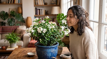 Una mujer con suéter blanco junto a un jazmín con flores blancas en una maceta azul de cerámica sobre una mesa.
