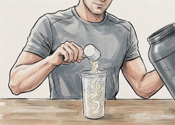 Ilustración de un hombre vertiendo polvo blanco con una cuchara medidora en una botella transparente de mezclador, junto a un bote grande de suplementos en una mesa
