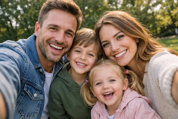 Selfie de un hombre y una mujer adultos con un niño y una niña pequeños, todos sonriendo ampliamente, con un fondo de follaje verde.