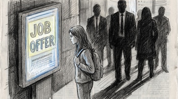 Dibujo de una joven con mochila mirando una pantalla con la inscripción "JOB OFFER"; detrás de ella, varias figuras humanas sombrías la observan.