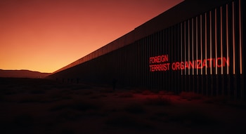 Muro fronterizo al anochecer con cielo anaranjado. Proyección de 'FOREIGN TERRORIST ORGANIZATION' en rojo sobre el muro. Siluetas de figuras armadas en la distancia.