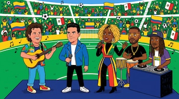 Ilustración plana de Carlos Vives, Silvestre Dangond y ChocQuibTown en un escenario sobre césped. Detrás, tribunas repletas con banderas de Colombia y México.