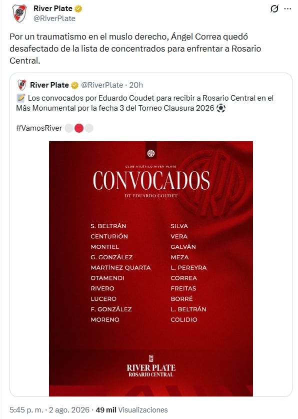 Ángel Correa fue desafectado del partido por una cuestión física