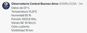Datos meteorológicos: temperatura 15.8 grados Celsius, humedad 85 por ciento, presión 1007.8 hectopascales. Logo SMN