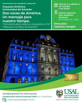 Afiche promocional en tonos verdes y blancos con la foto nocturna del Palacio Libertad iluminado de azul y datos sobre un concierto musical