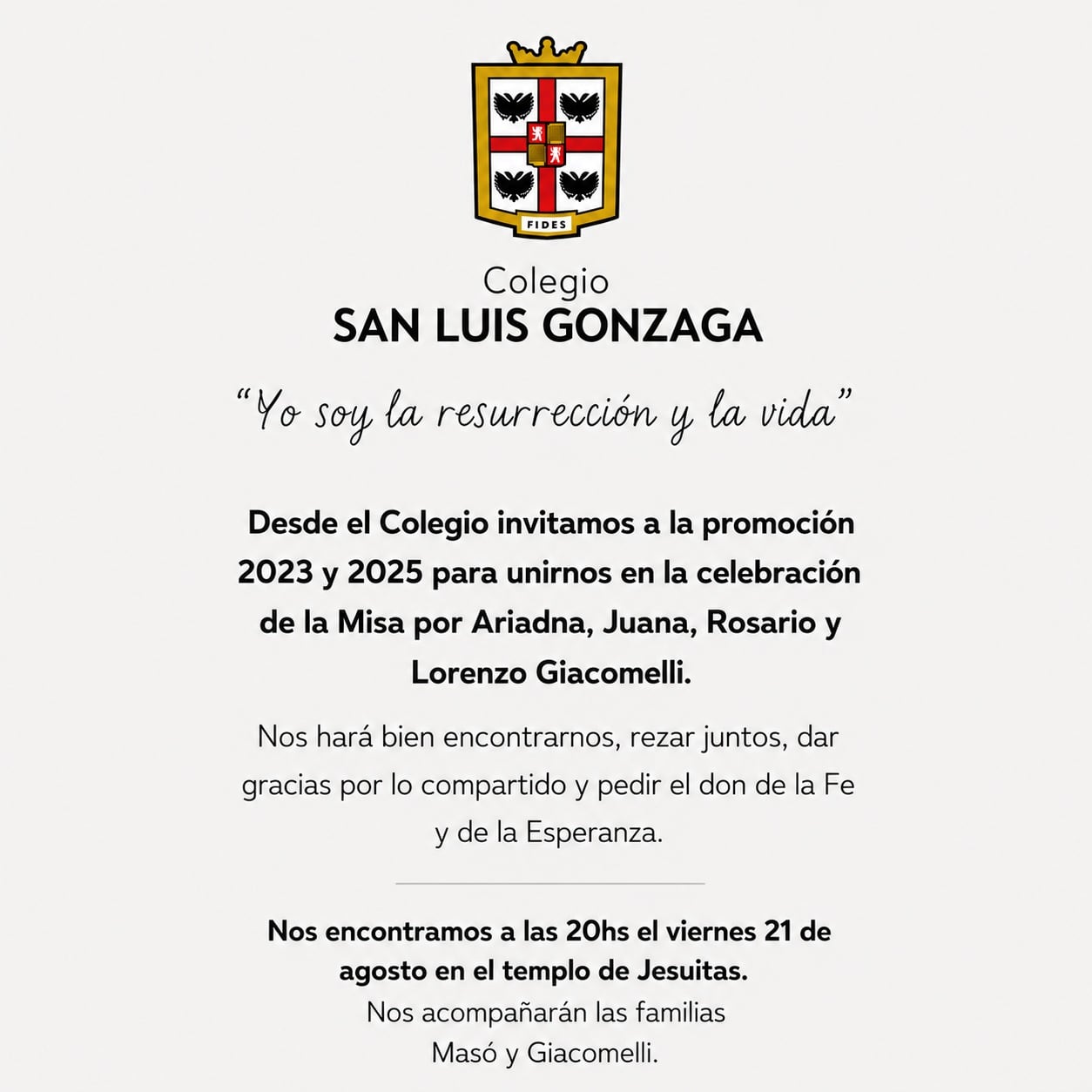 La misa por las hermanas Masó y su madre se realizará el viernes 21 de agosto a las 20 en el templo de Jesuitas, según informó el colegio en sus redes sociales