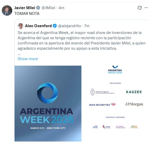 Posteo en X del embajador Oxenford anunciando la Argentina Week que se hará en New York a mediados de marzo