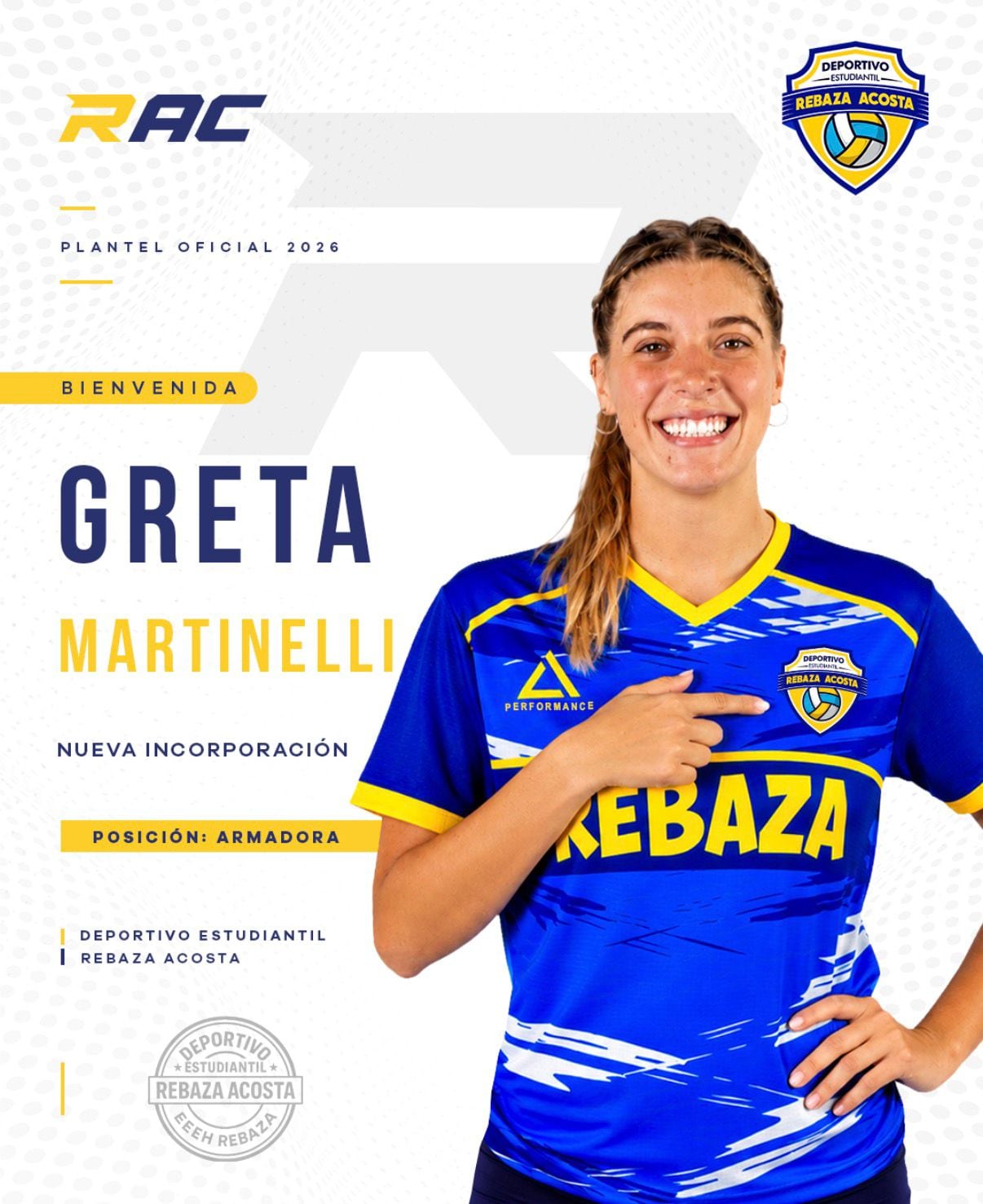 Greta Martinelli fichó por Rebaza Acosta para la Liga Peruana de Vóley 2026/2027.