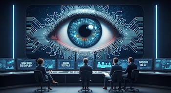 Sala de control oscura con una gran pantalla central que muestra un ojo digital rodeado de circuitos. Cuatro personas sentadas observan monitores con datos.