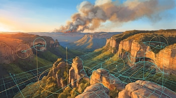 Paisaje montañoso con acantilados rocosos, un valle verde, humo en el horizonte y líneas geométricas de cuadrícula digital superpuestas.