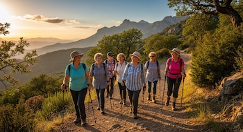 Siete mujeres mayores con sombreros, mochilas y bastones de senderismo caminan por un sendero de tierra en un paisaje montañoso al atardecer.