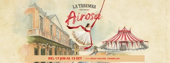 Ilustración con un edificio colonial, una acróbata en telas rojas y una carpa de circo con el texto La Tarumba Airosa