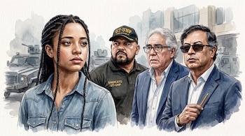 Ilustración de cuatro personas: Juliana Guerrero en primer plano, Wilson Devia, Augusto Rodríguez y Gustavo Petro, con vehículos de seguridad de fondo.