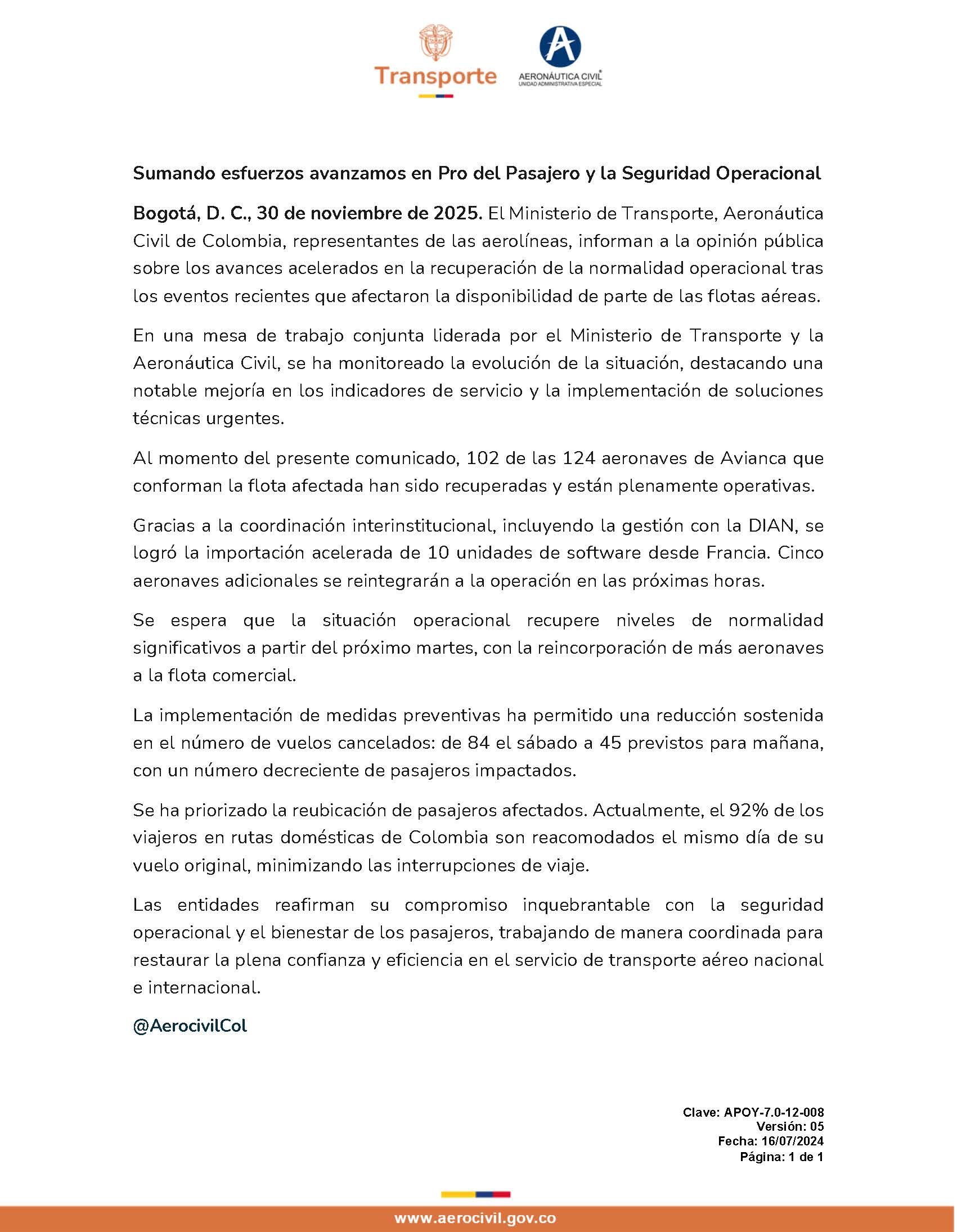 Las autoridades del sector transporte detallaron los avances técnicos y confirmaron la importación exprés de repuestos gestionada con la DIAN. - crédito @AerocivilCol/X