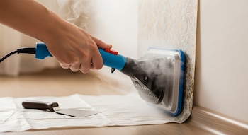 Una mano sostiene un vaporizador de papel tapiz liberando vapor sobre una pared con diseño. Una espátula se encuentra en una lona protectora.