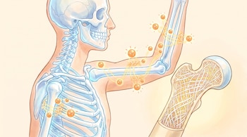 Esqueleto humano transparente en el torso y el brazo, con partículas de vitamina K2 que se interconectan con los huesos. Se observa un hueso en corte longitudinal.