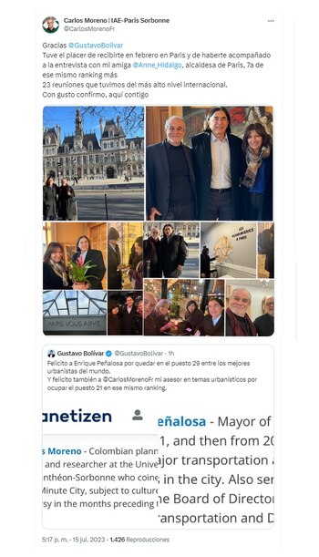 Carlos Moreno agradeció el trino de Bolívar y recordó la visita del exsenador a París, en donde se entrevistó con la alcaldesa de la capital francesa, Anne Hidalgo. Twitter.