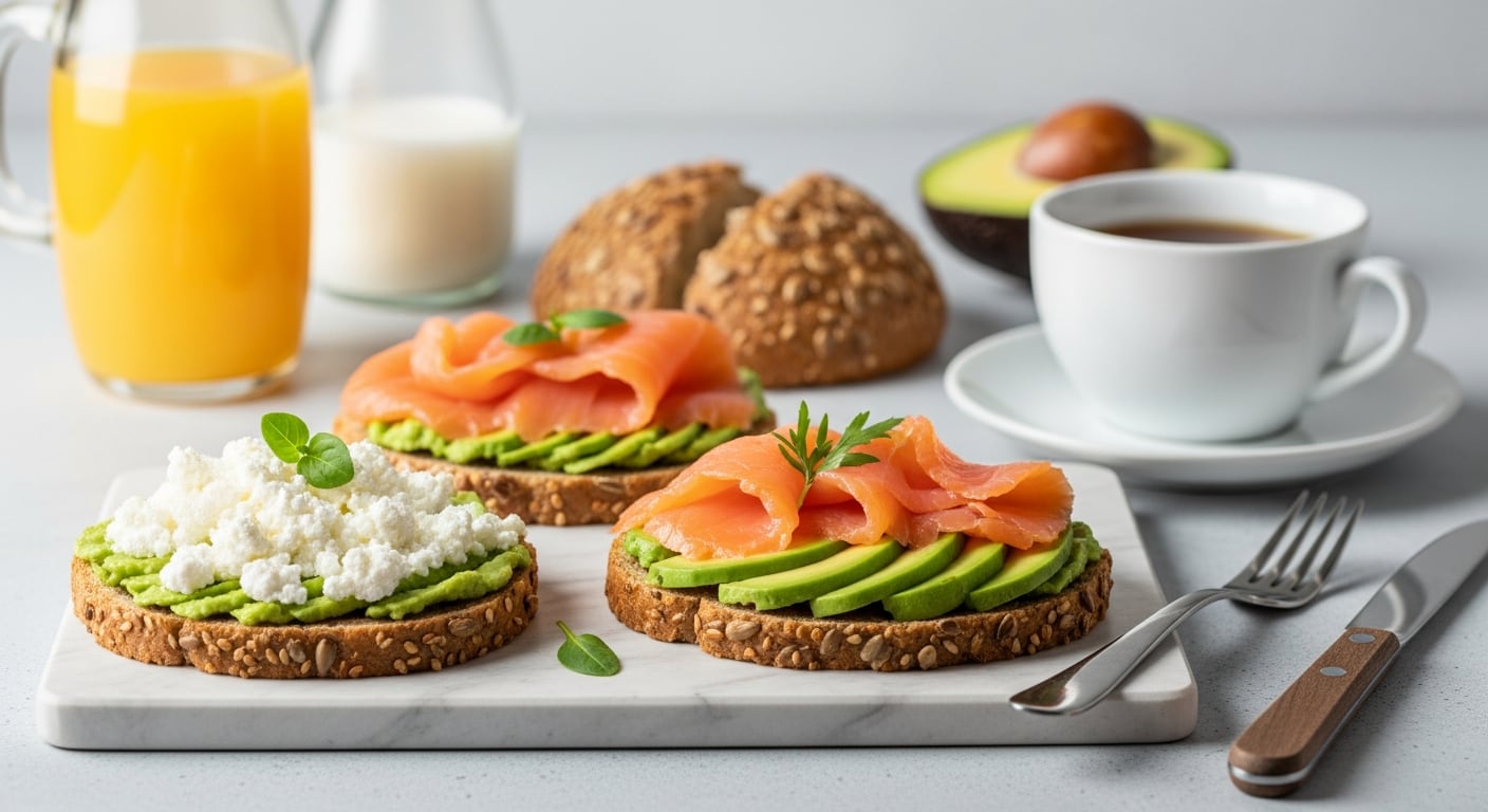 El salmón ahumado sobre pan integral y palta aporta proteína de alto valor biológico y ácidos grasos omega-3, reforzando el perfil nutricional del desayuno. (Imagen Ilustrativa Infobae)