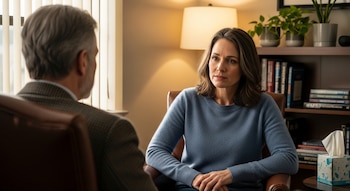 Una mujer de 45 años con suéter azul, sentada de frente, mirando a un psicoterapeuta de 65 años que está de espaldas, en un consultorio.