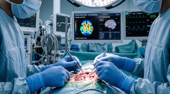 Manos de cirujanos con guantes azules sostienen pinzas sobre un campo quirúrgico, junto a monitores con escáneres cerebrales y signos vitales.