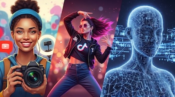 Composición tripartita: una joven sonriente con cámara y fondo de YouTube, una influencer bailando con logo de TikTok, y un busto humanoide digital azul.