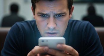 Primer plano de un hombre joven con el ceño fruncido y expresión de preocupación mirando la pantalla iluminada de su smartphone, que sostiene con ambas manos.