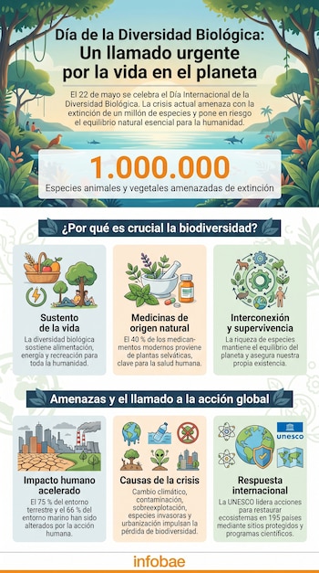 Infografía detallada sobre el Día Internacional de la Diversidad Biológica, mostrando ecosistemas, animales y gráficos explicativos sobre su importancia, amenazas y soluciones.