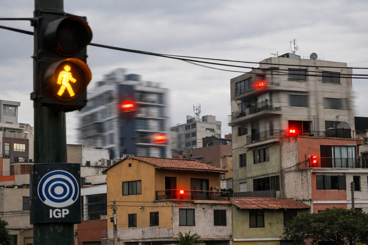 Una ciudad peruana experimenta una simulación de alerta sísmica con edificios que se muestran borrosos, luces de emergencia rojas encendidas y un semáforo peatonal ámbar intermitente, junto al logo del IGP. (Imagen Ilustrativa Infobae)