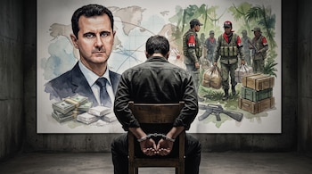 Hombre esposado sentado de espaldas en una silla. Al fondo, un mapa mundial, Bashar al-Assad, billetes y paquetes. A la derecha, hombres del ELN con armas, bolsas y cajas.