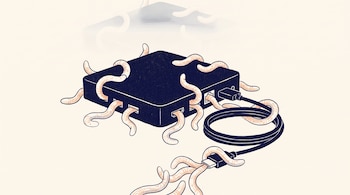 Dispositivo rectangular negro con cables y puertos, del cual salen varios gusanos pálidos con trazos anaranjados sobre un fondo claro.