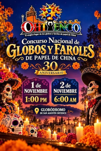 Cartel con figuras de catrinas, calaveras decoradas, velas encendidas, flores de cempasúchil y el texto del evento sobre un fondo nocturno