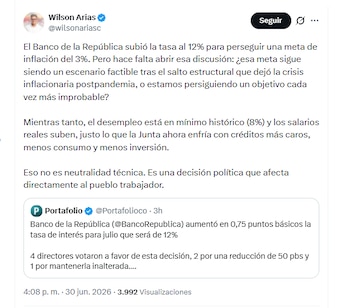 El congresista Wilson Arias aseguró que no hubo neutralidad técnica en la decisión de aumentar la tasa de interés - crédito @wilsonariasc/X