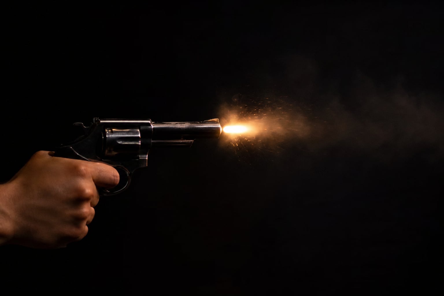 Una mano sostiene un revólver que emite un destello y humo al ser disparado en la oscuridad. (Imagen Ilustrativa Infobae)