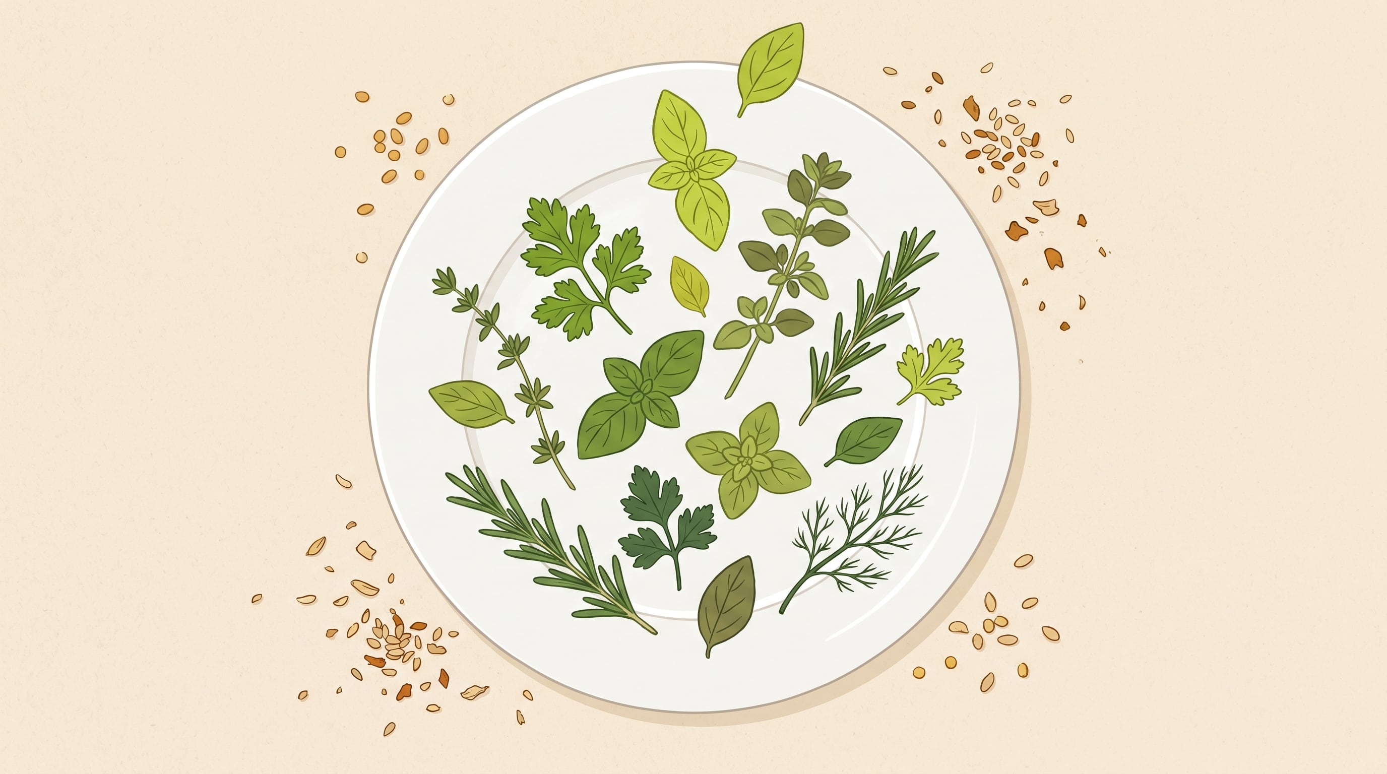 Ilustración plana muestra un plato blanco con albahaca, perejil, orégano, tomillo y otras hierbas, rodeado de pequeñas semillas ocre y marrón claro sobre un fondo beige, creando una composición limpia y apetitosa. (Imagen Ilustrativa Infobae)