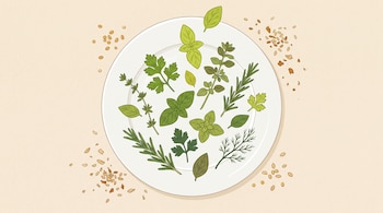 Ilustración cenital de un plato blanco con albahaca, perejil, orégano, tomillo, romero y otras hierbas verdes, rodeado de semillas marrones sobre un fondo beige.
