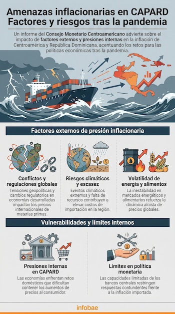 Infografía sobre amenazas inflacionarias en CAPARD, mostrando un barco en tormenta, un mapa con flechas económicas y diagramas de factores inflacionarios.