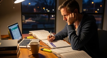 Un hombre adulto de perfil, con un suéter azul marino, inclinado sobre una mesa de madera, escribiendo en un cuaderno junto a libros abiertos, un portátil, una taza y una lámpara, con una ventana oscura de fondo.