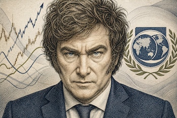 Ilustración en grabado de Javier Milei junto a gráficos financieros y el emblema del Fondo Monetario Internacional.