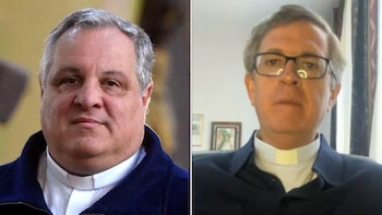 Retrato dividido de dos hombres con cabello gris y vestimenta clerical. El de la izquierda usa chaqueta azul, el de la derecha, camisa oscura y gafas