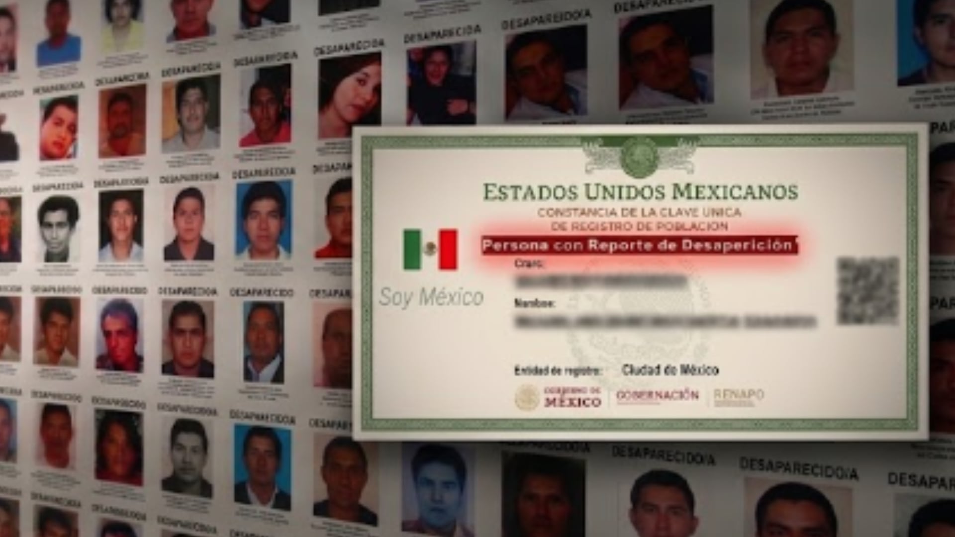 Una constancia de la Clave Única de Registro de Población emitida en Ciudad de México incluye la leyenda de persona con reporte de desaparición sobre un fondo de fichas de búsqueda. (Imagen ilustaritva creada con Gemini IA)