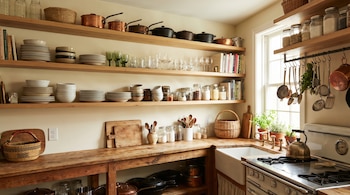 Vista de una cocina con estantes de madera abiertos, mostrando platos apilados, ollas, vasos, libros de cocina, frascos y utensilios sobre encimeras de madera y un fregadero.