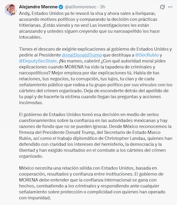 Captura de pantalla de un tuit de Alejandro Moreno con texto en español, foto de perfil y el identificador @alitomoreno