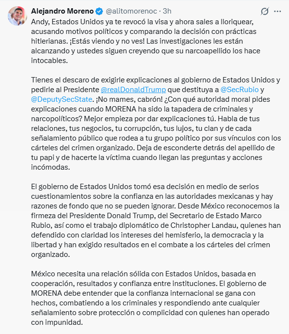 Un tuit de Alejandro Moreno critica la revocación de una visa por parte de Estados Unidos y las acciones del gobierno de MORENA en México. (X)