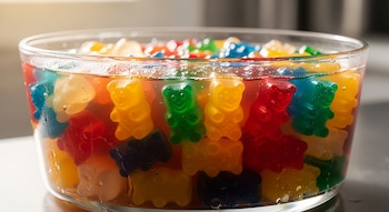 Un recipiente de vidrio transparente contiene gomitas dulces de múltiples colores, como rojo, verde, azul y amarillo, sumergidas en un líquido claro.