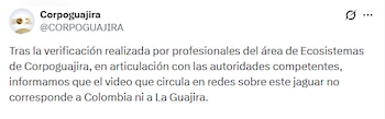 La corporación regional descartó que el hecho se haya presentado en su región - crédito @CORPOGUAJIRA / X